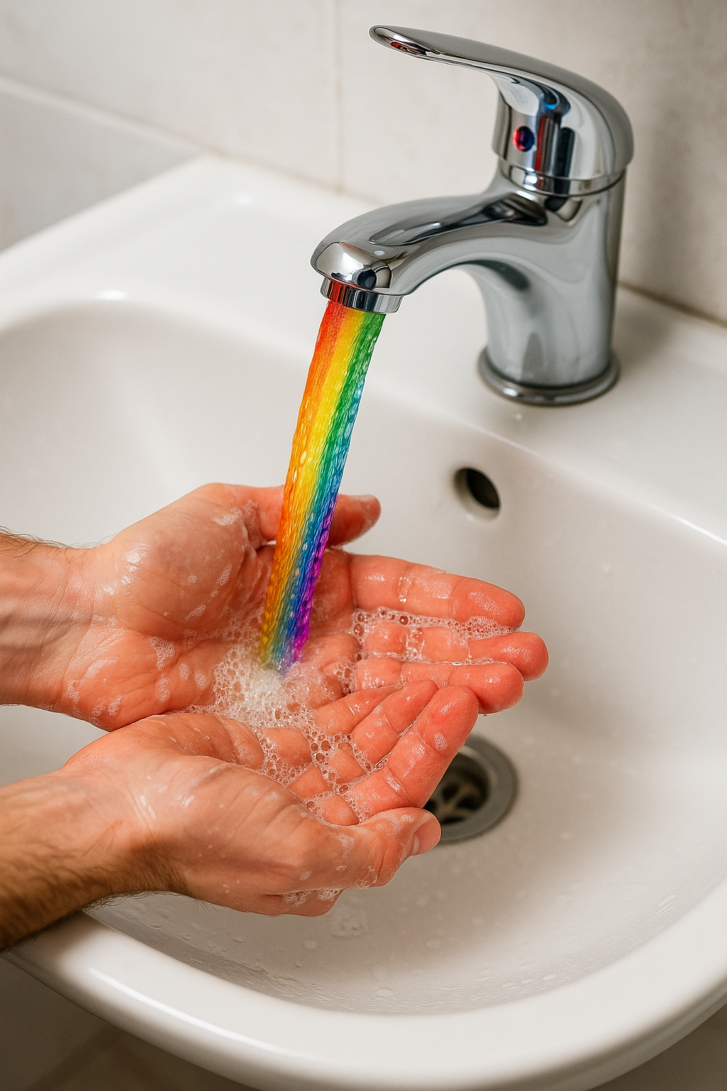 mani che si lavano con acqua arcobaleno